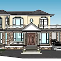 European Style Detached Villa With Stone Wall Arched Windows Balcony Brown Door And White Car