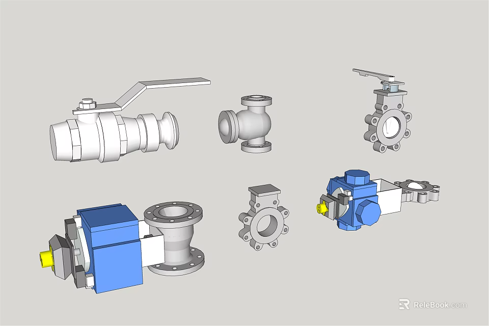 Various Industrial Valves Including Ball Gate and Flange Types in Blue and Silver 3d model 