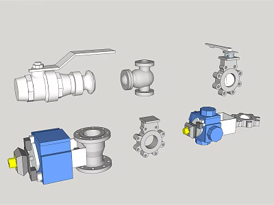 Various Industrial Valves Including Ball Gate and Flange Types in Blue and Silver 3d model