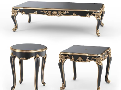 Luxurious Black And Gold Coffee Table Set With Ornate Carvings And Elegant Legs 3d model