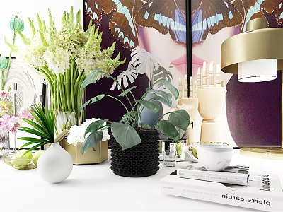 Decorative Ornament Set With Green Plants Vases Lamp And Books For Home Decor 3d model