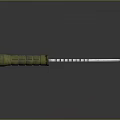 Tactical Knife With Green Textured Handle And Serrated Metal Blade On Gray Background