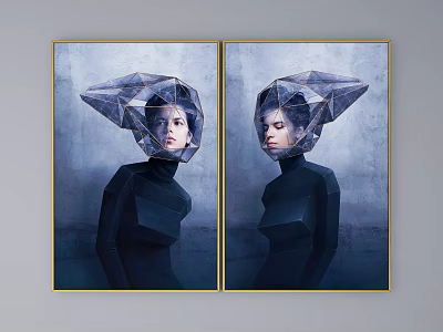 Side by Side Modern Abstract Portrait Paintings With Geometric Headpieces Dark Outfits And Gold Frames 3d model
