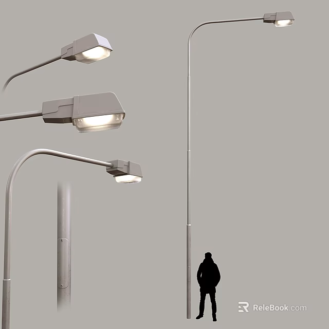 Outdoor Street Lights Illuminated With Tall Metal Poles And Person Silhouette 3d model 