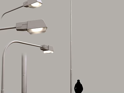 Outdoor Street Lights Illuminated With Tall Metal Poles And Person Silhouette 3d model