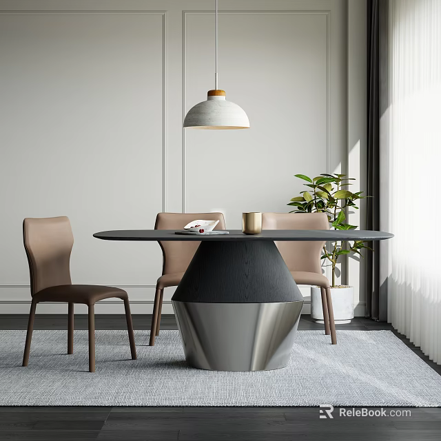 Modern Dining Table Set With Round Black Tabletop Silver Base And Light Brown Chairs 3d model