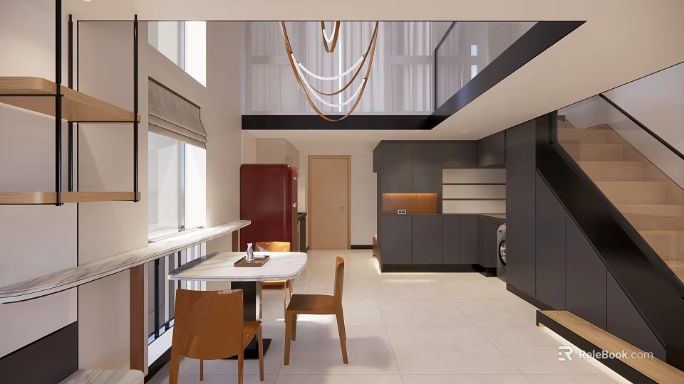 Modern Apartment Interior With Open Layout Dining Table Chairs Hanging Chandelier And Kitchen Cabinets 3d model 