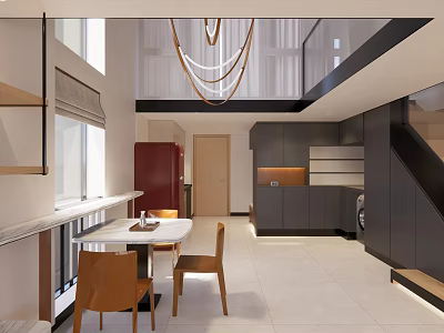 Modern Apartment Interior With Open Layout Dining Table Chairs Hanging Chandelier And Kitchen Cabinets 3d model
