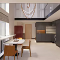 Modern Apartment Interior With Open Layout Dining Table Chairs Hanging Chandelier And Kitchen Cabinets