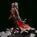 Woman with white hair and headdress wearing red outfit holding weapon standing on stone