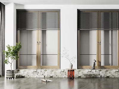 Modern Floor to Ceiling Windows with Louvered Wooden Frames and Green Plant on Stone Windowsill 3d model