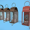 Multiple Vintage Candle Lanterns in Different Colors with Metal Designs on Blue Background
