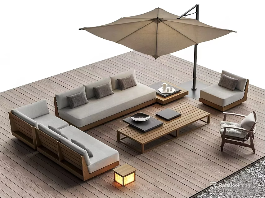 Outdoor Sofa With Wooden Frame Gray Cushions On Patio Deck With Umbrella Coffee Table 3d model 