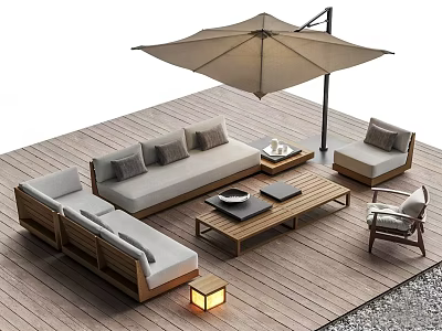 Outdoor Sofa With Wooden Frame Gray Cushions On Patio Deck With Umbrella Coffee Table 3d model
