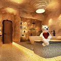 Cave Style Hotel Room with Starry Sky Ceiling Canopy Curtains Cozy Bed and Potted Plant
