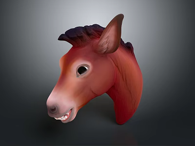 3D Brown Horse Head Model With Dark Mane Erect Ears And Open Mouth 3d model