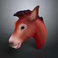 3D Brown Horse Head Model With Dark Mane Erect Ears And Open Mouth