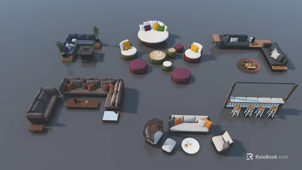 Modern Sofa Coffee Table Combination With Colorful Cushions and Stylish Ottoman Additions 3d model 