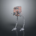 Sci Fi Mechanical Character With Coral Orange Gray Armor And Four Legged Walker Weaponry