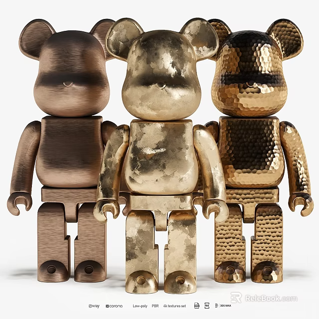 Decorative Gold Bronze Metal Bear Figurines With Textured Surfaces For Home Decor 3d model 