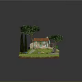 Cozy Cottage Courtyard Featuring Red Roof Cypress Trees Stone Path Green Lawn And Wooden Bench