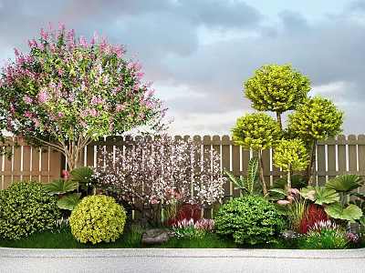 Beautiful Garden Landscape With Flowering Trees Green Shrubs And Wooden Fence 3d model