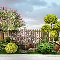 Beautiful Garden Landscape With Flowering Trees Green Shrubs And Wooden Fence