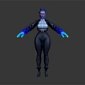 Futuristic Sci Fi Humanoid Creature With Blue Hair Glowing Blue Hands And Tight Dark Outfit