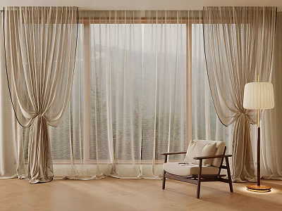 Neutral Tone Curtains With Sheer Layers For Cozy Living Room Mountain View 3d model