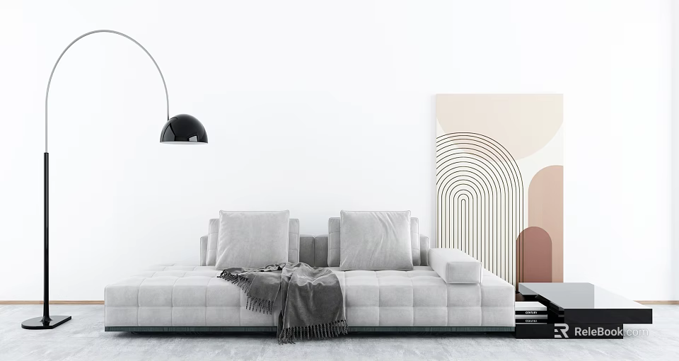 Modern Light Gray Multi Person Sofa With Cushions Throw Blanket Floor Lamp And Geometric Art 3d model 