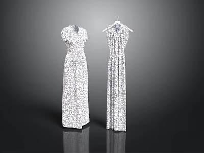 Elegant Sparkling White Sequin Evening Dresses Hanging On Two Hangers 3d model