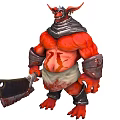Red Demon Character With Spiked Horns Scarred Muscular Body Armor Holding Axe