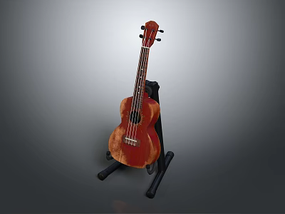 Wooden Acoustic Ukulele And Art Painting Tools On Black Stand Gray Background 3d model