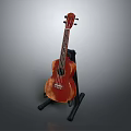 Wooden Acoustic Ukulele And Art Painting Tools On Black Stand Gray Background
