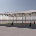 Outdoor Basketball Court With Arched White Membrane Roof Metal Pillars Red Green Court Surface