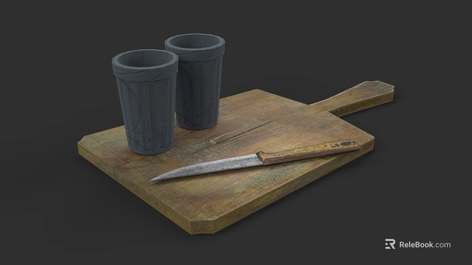 Wooden Cutting Board With Gray Mugs And Sharp Knife For Kitchen Tools 3d model 
