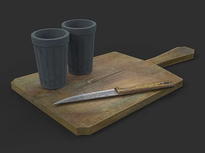 Wooden Cutting Board With Gray Mugs And Sharp Knife For Kitchen Tools 3d model