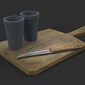 Wooden Cutting Board With Gray Mugs And Sharp Knife For Kitchen Tools
