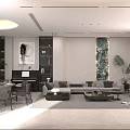 Modern Open Plan Dining Living Room With Sofa Coffee Table Plants And Marble Wall