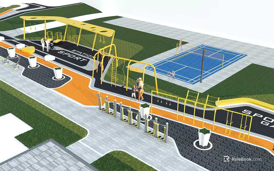 Outdoor Fitness Park With Playground Equipment Tennis Court Green Lawn And Exercising People 3d model 