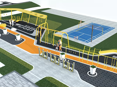 Outdoor Fitness Park With Playground Equipment Tennis Court Green Lawn And Exercising People 3d model