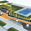 Outdoor Fitness Park With Playground Equipment Tennis Court Green Lawn And Exercising People