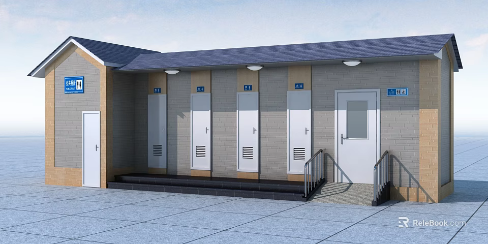 Outdoor Public Toilet Facility With Gray Roof Multiple Doors Steps And Handrails 3d model 