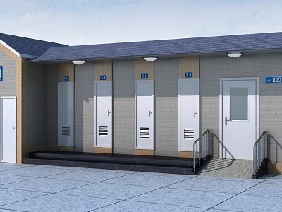 Outdoor Public Toilet Facility With Gray Roof Multiple Doors Steps And Handrails 3d model