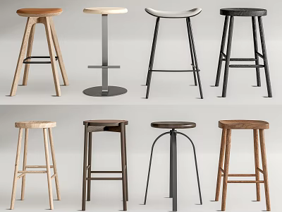 Modern Bar Stools With Different Designs Wooden And Metal Frames Various Styles 3d model