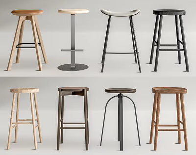 Modern Bar Stools With Different Designs Wooden And Metal Frames Various Styles 3d model