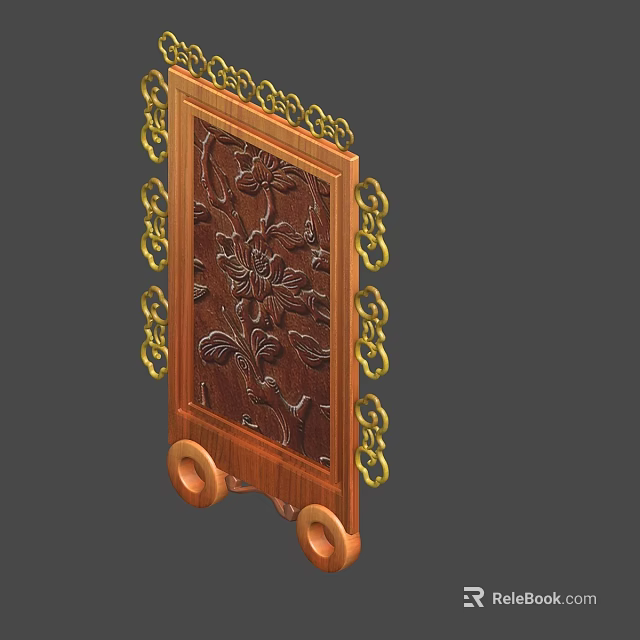 Wooden Screen With Carved Flower Pattern Golden Decorative Borders And Wheel Base 3d model 