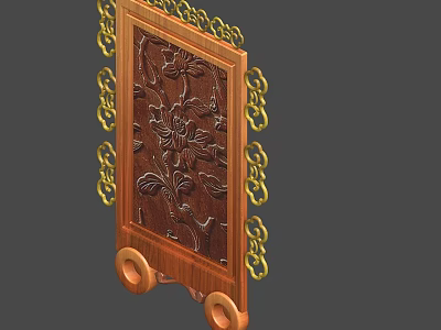 Wooden Screen With Carved Flower Pattern Golden Decorative Borders And Wheel Base 3d model