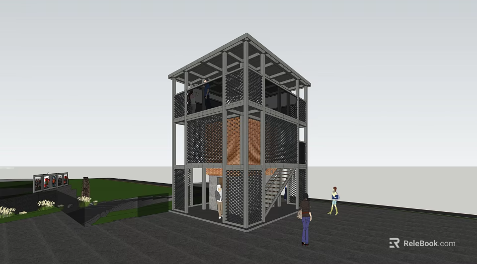 Modern Tower Design With Metal Frame Open Interior Staircase And Grass Area 3d model