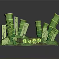 Green Bamboo Plants with Yellow Flowers and Lush Green Grass in
